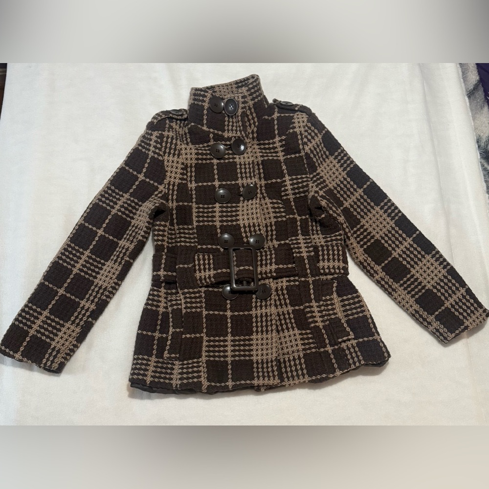 Brown Checkered Winter Coat with Belt